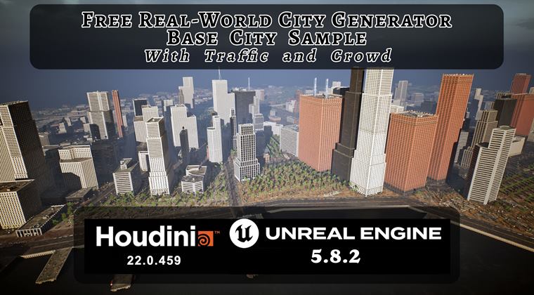A generated city district in Unreal Engine with high-rise buildings along a waterfront