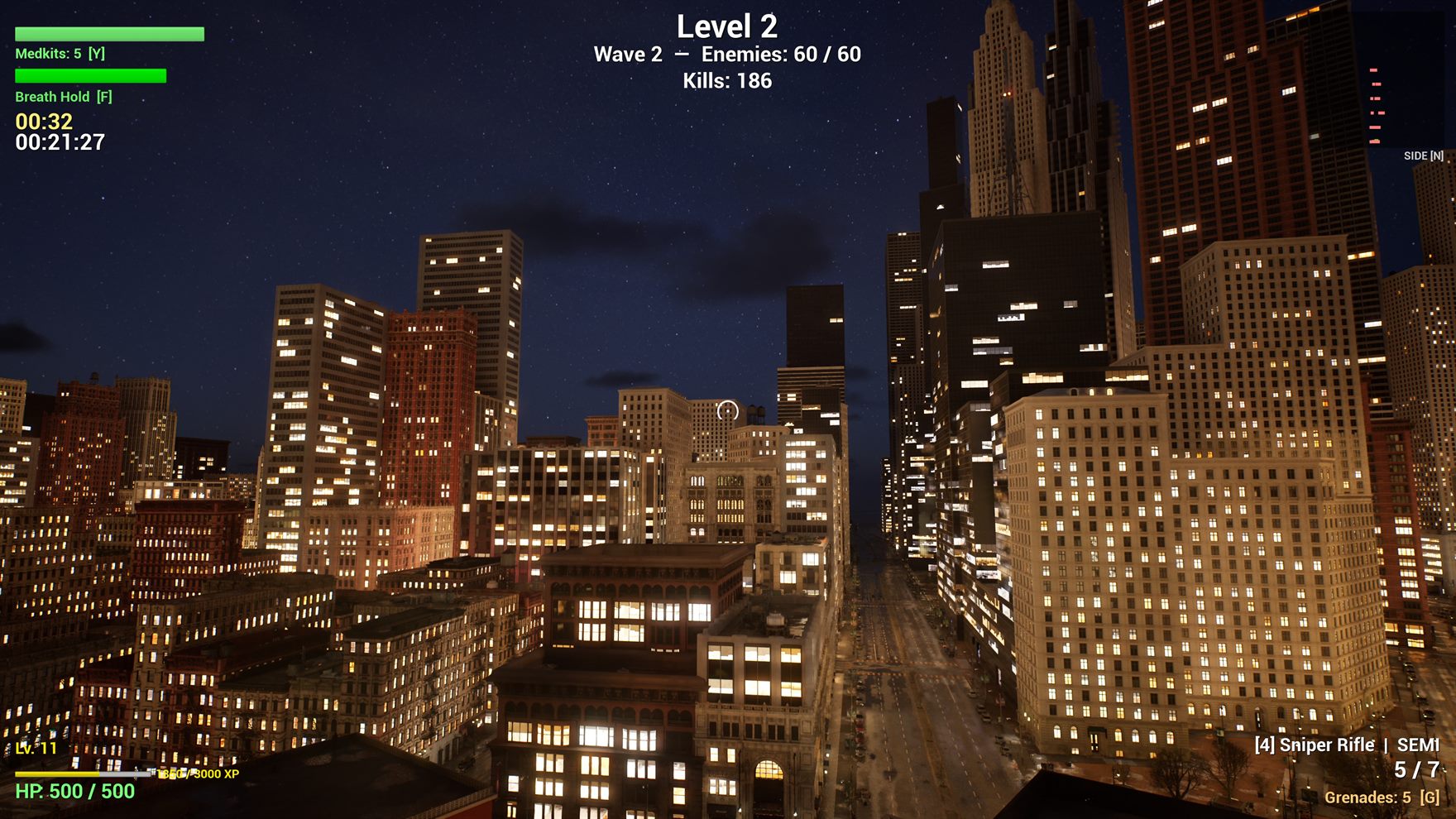 Night city seen from a drone in Sniper Game