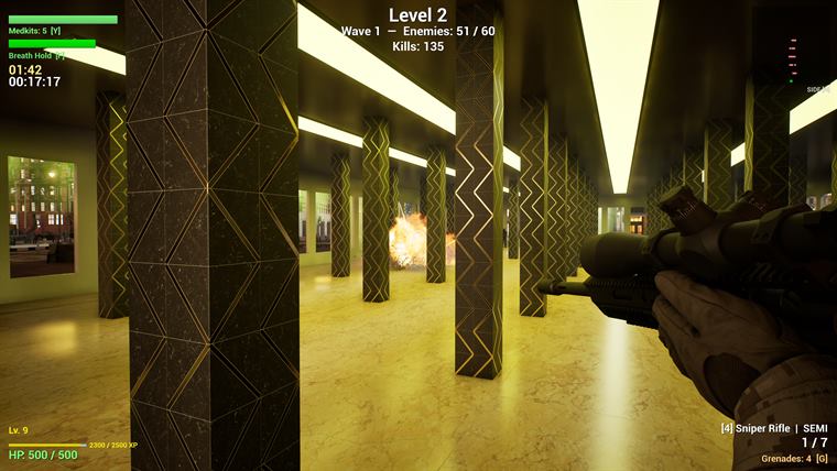Lit interior corridor with columns