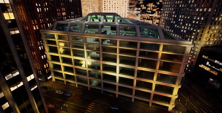 The same building at night