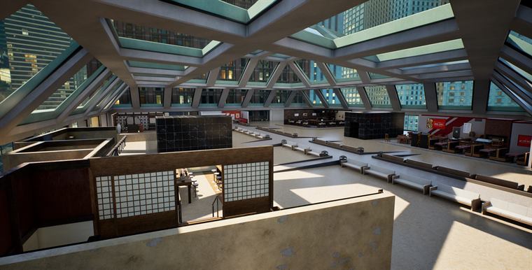 Atrium and food court under a glass roof